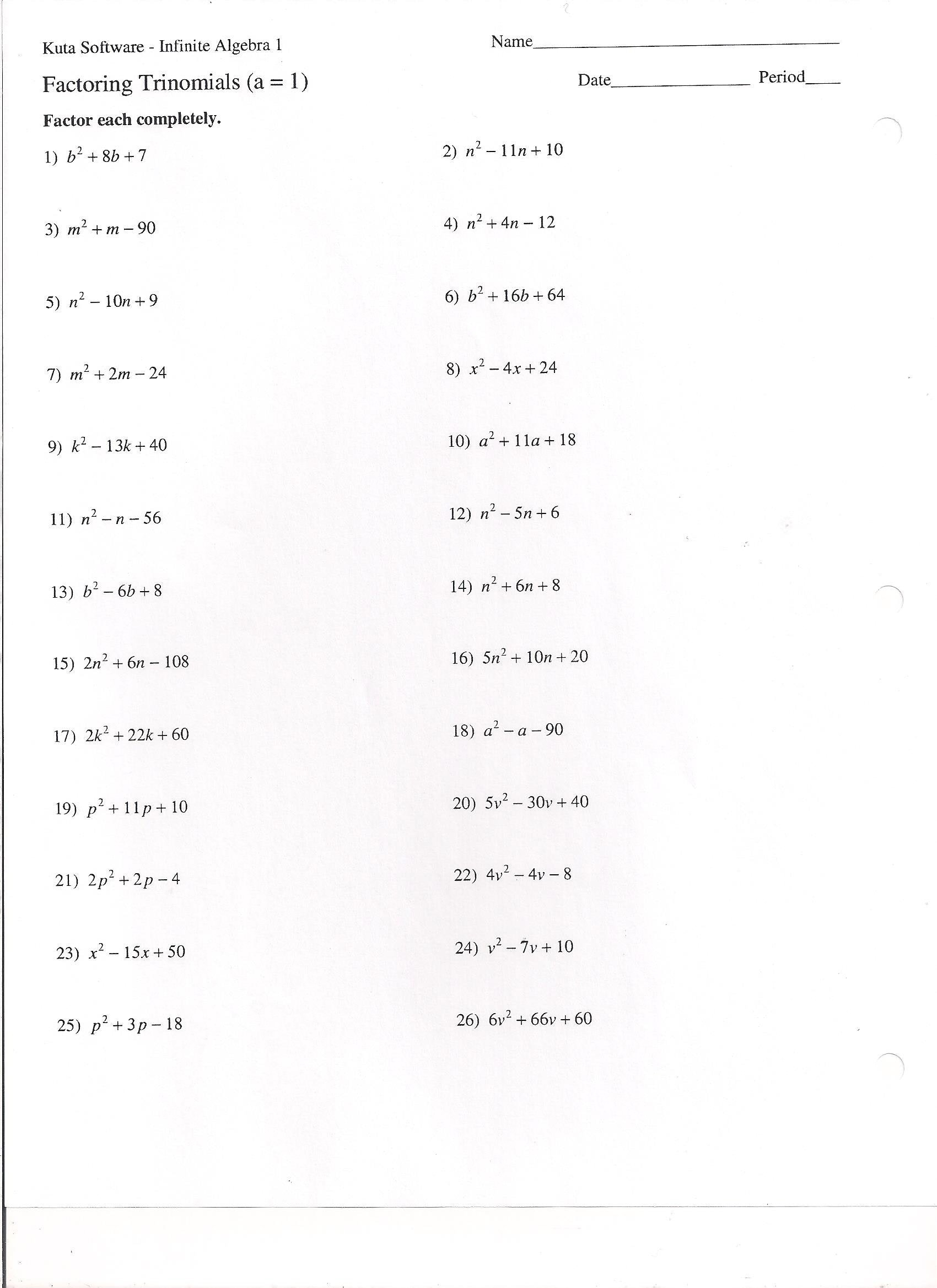 Factoring Trinomials Worksheet Algebra 2 Factoring Trinomials A 1 Factoring Trinomials Worksheet Algebra 2 Factoring Trinomials a 1