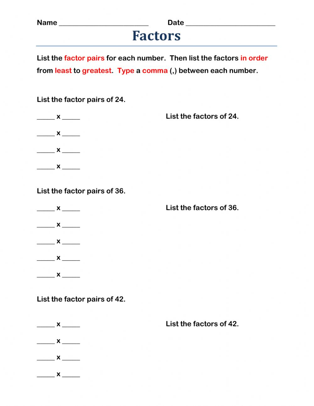 Factors And Factor Pairs Worksheet Factors And Factor Pairs Worksheet
