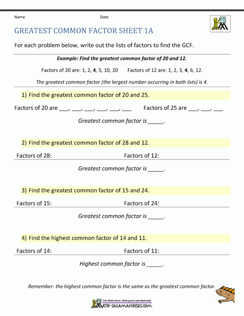 Greatest Common Factor Worksheet Page