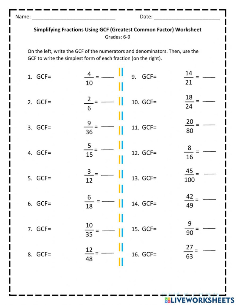 Simplifying Fractions Using GCF Worksheet