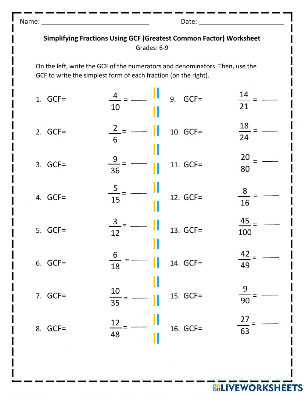 Simplifying Fractions Using GCF Worksheet