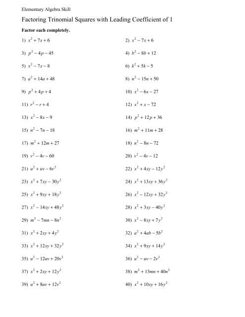 Factor Quadratics With Leading Coefficient 1 Algebra 1 Math Worksheets Factor Quadratics With Leading Coefficient 1 Algebra 1 Math Worksheets