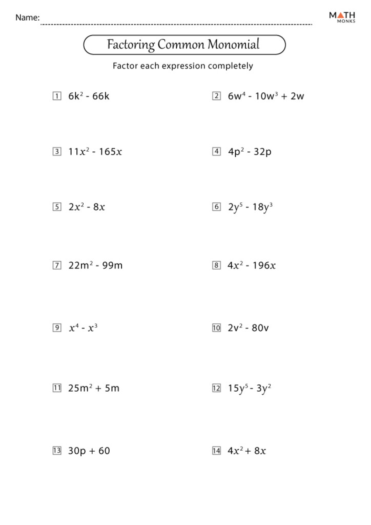 Factor Monomials Worksheet