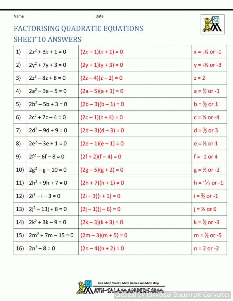 Factoring Quadratic Equations Worksheet